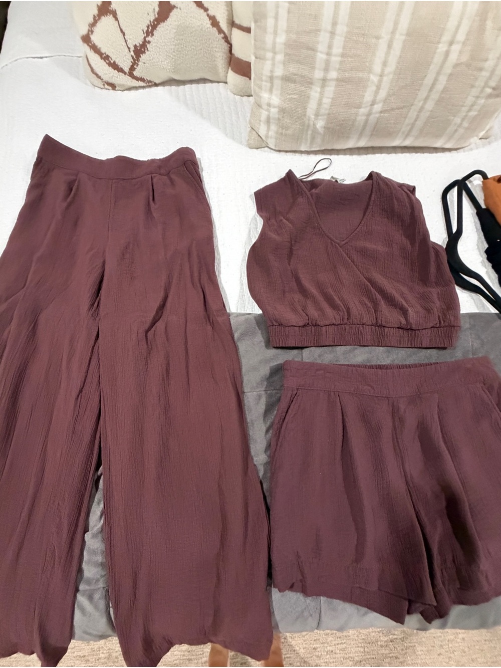 3 piece Women's Wide-Leg Pants , Shorts, & Crop Top Set in Mauve/Brown - all M